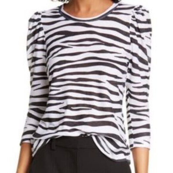 Womens A.L.C. Karlie Black White Zebra Print Puff Sleeve T-Shirt Top XS - Picture 1 of 7